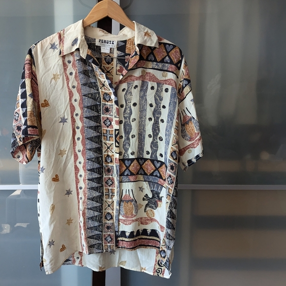 📼Vintage Perutz 100% SILK Unisex Abstract Print Blouse - XL - Picture 1 of 9
